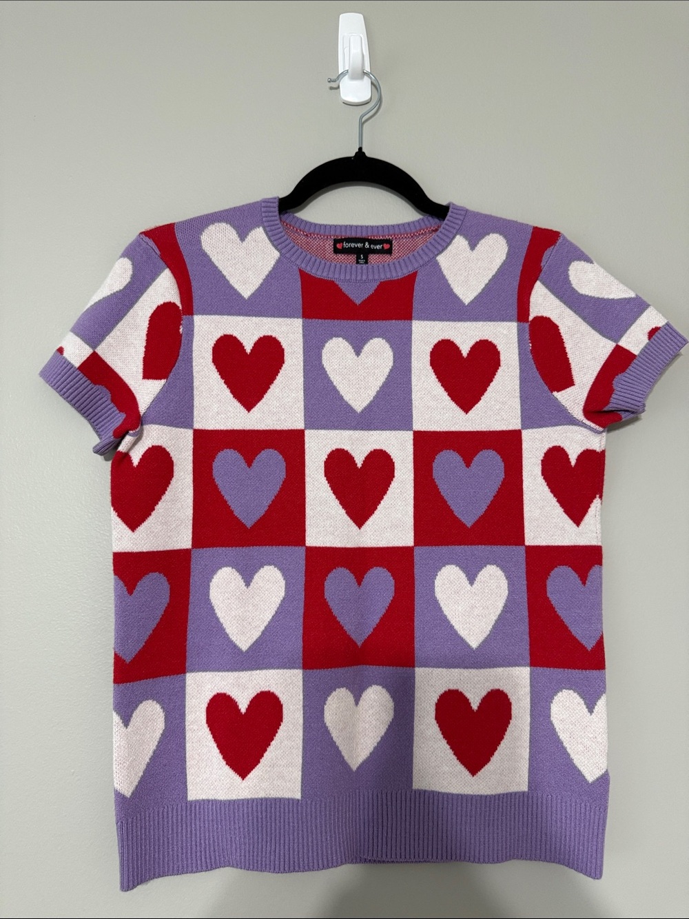 Red, Lavender & White Heart-Check Knit Top